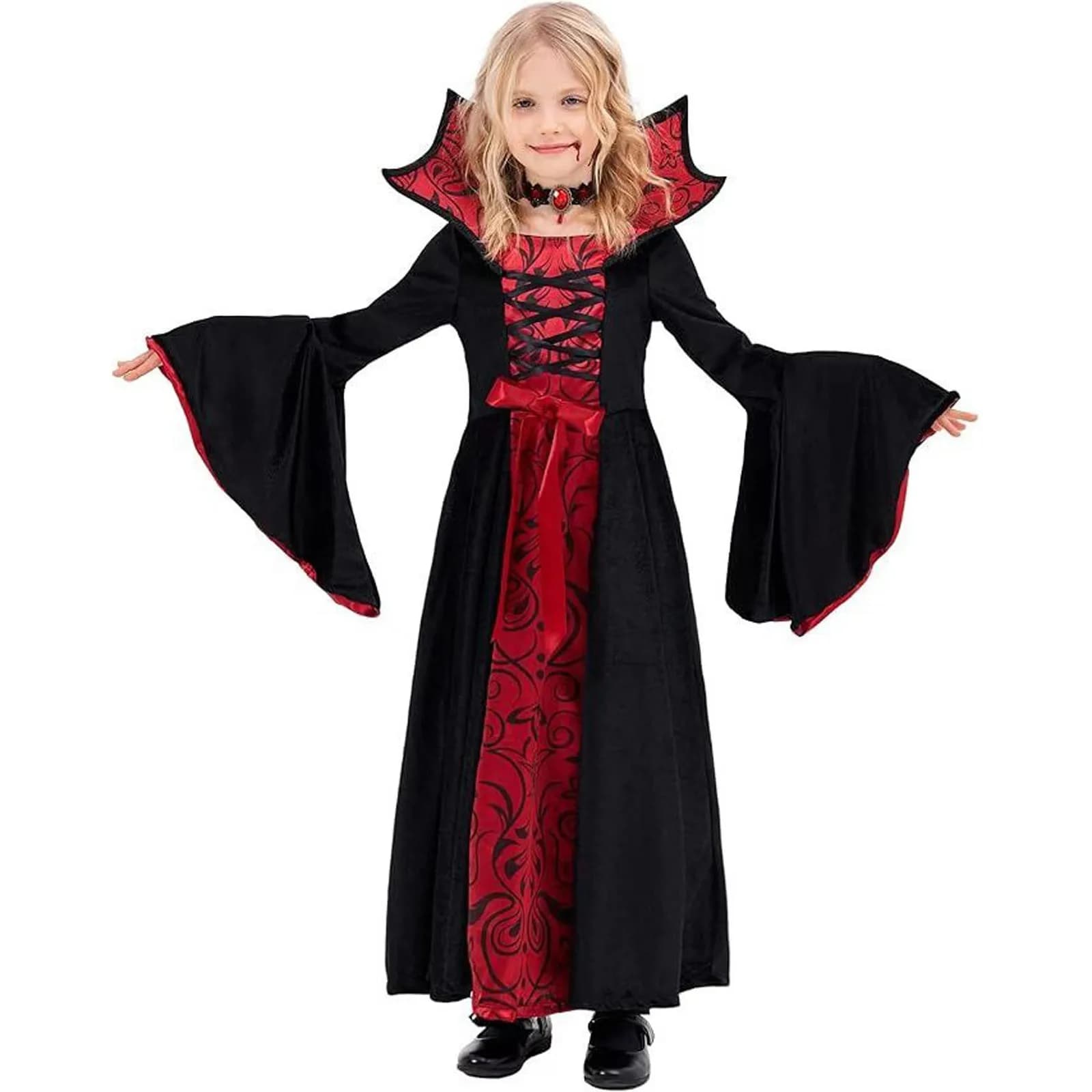 Halloween Vampire Cosplay Dresses Set For Girls, Long Sleeved Dress Set For Kids Role Shows