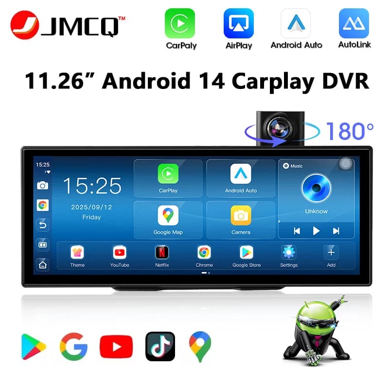 Multimedia Car Reader Android 14 from 11,26 Inch with DVR 180° Dash Cam with Camera Rotation, 8-Core 6G+128G WIFI, Carplay Wireless and Android Auto