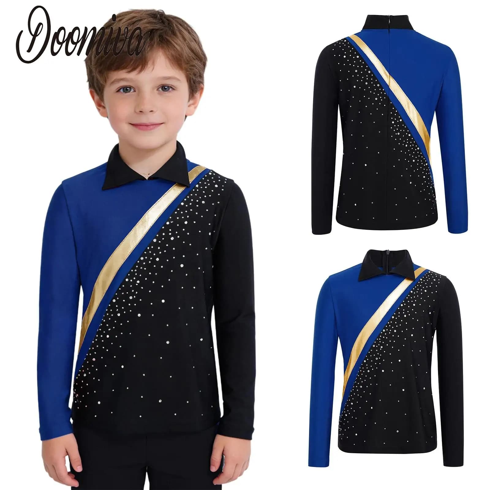 Maglietta per Bambini e Ragazzi per Pattinaggio Artistico, Tango, Jazz, Balletto, Danza Latina, Costume da Spettacolo, Abbigliamento da Ballo a Contrasto di Colore, Top a Maniche Lunghe con Strass