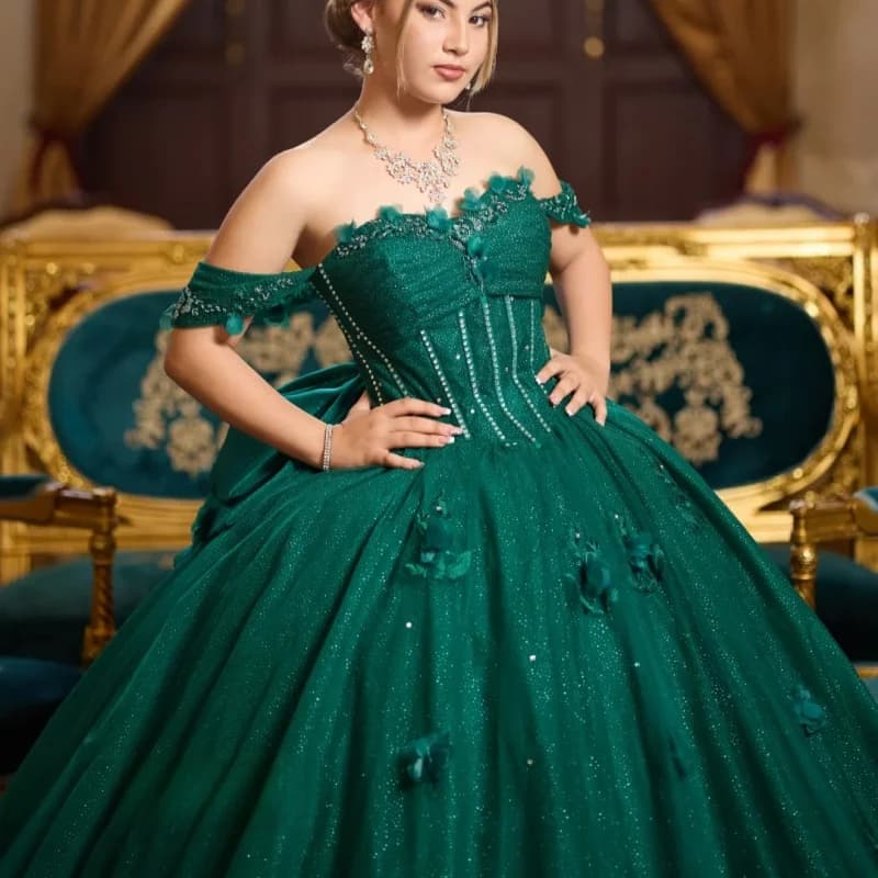 Abito Quinceanera verde scuro lucido Decalcomania glitter in cristallo di pizzo Fiore 3D Fiocco Coda lunga abiti da 15 Quinceanera Personalizzato