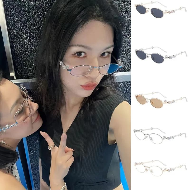 Occhiali da vista vintage anti-luce blu in cristallo pieno per donna Occhiali da sole con montatura per occhiali trasparenti lucidi con piccoli strass ovali in nuova lega