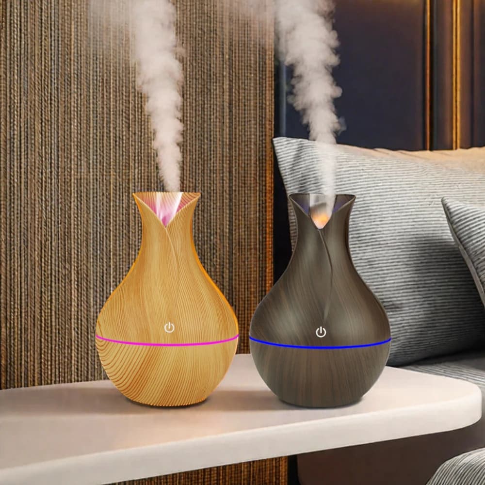 Diffusore di aromi in legno da 130 ml - Mini umidificatore USB per oli essenziali (nebbia fredda ad ultrasuoni, luce d'atmosfera a LED a 7 colori, spegnimento automatico)