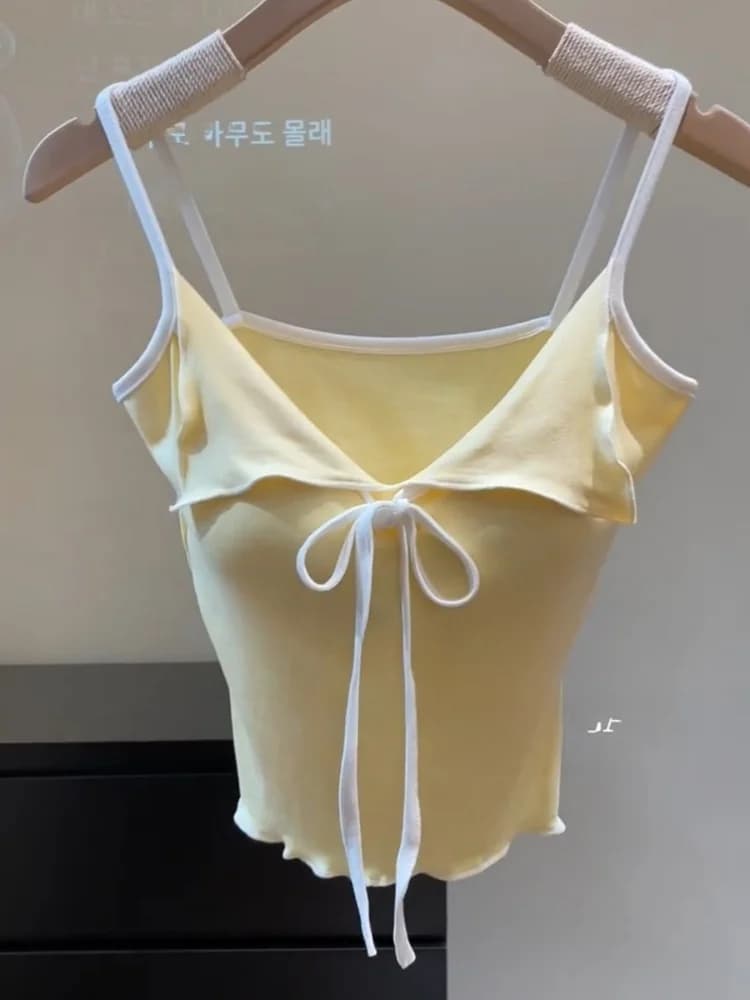 Pure Desire Contrast Color V-neck Knot Strap Vest Women's Summer Spicy Short Top with Chest Pad Underwear