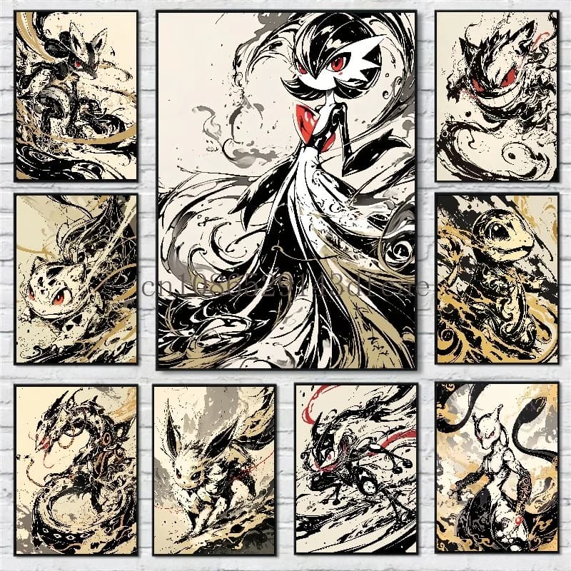 Figure anime Pokemon Pittura a inchiostro Pittura su tela Pikachu Poster e stampe Immagine di arte della parete per soggiorno Regalo per bambini