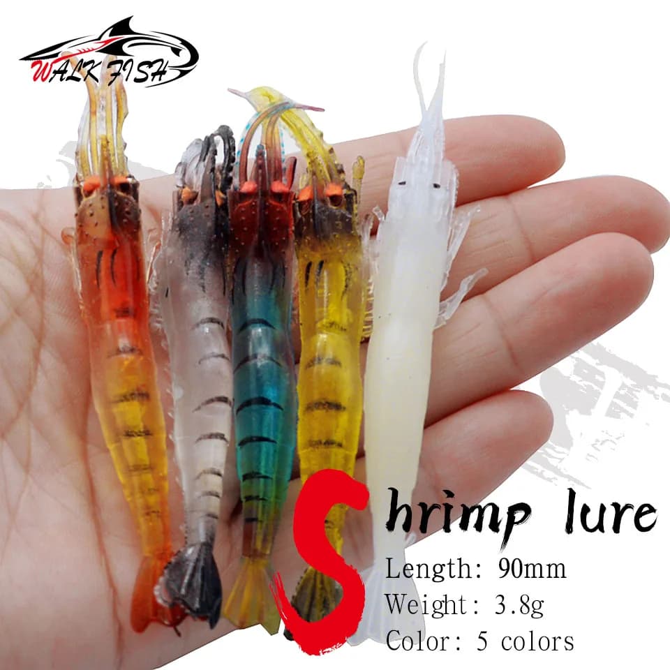 CAMMINARE PESCE 5PCS Richiamo di Pesca Simulazione Erba Gamberetti Esca Morbida Occhio Luminoso 9cm 3.8g Esche Artificiali Con Gancio Scanalatura