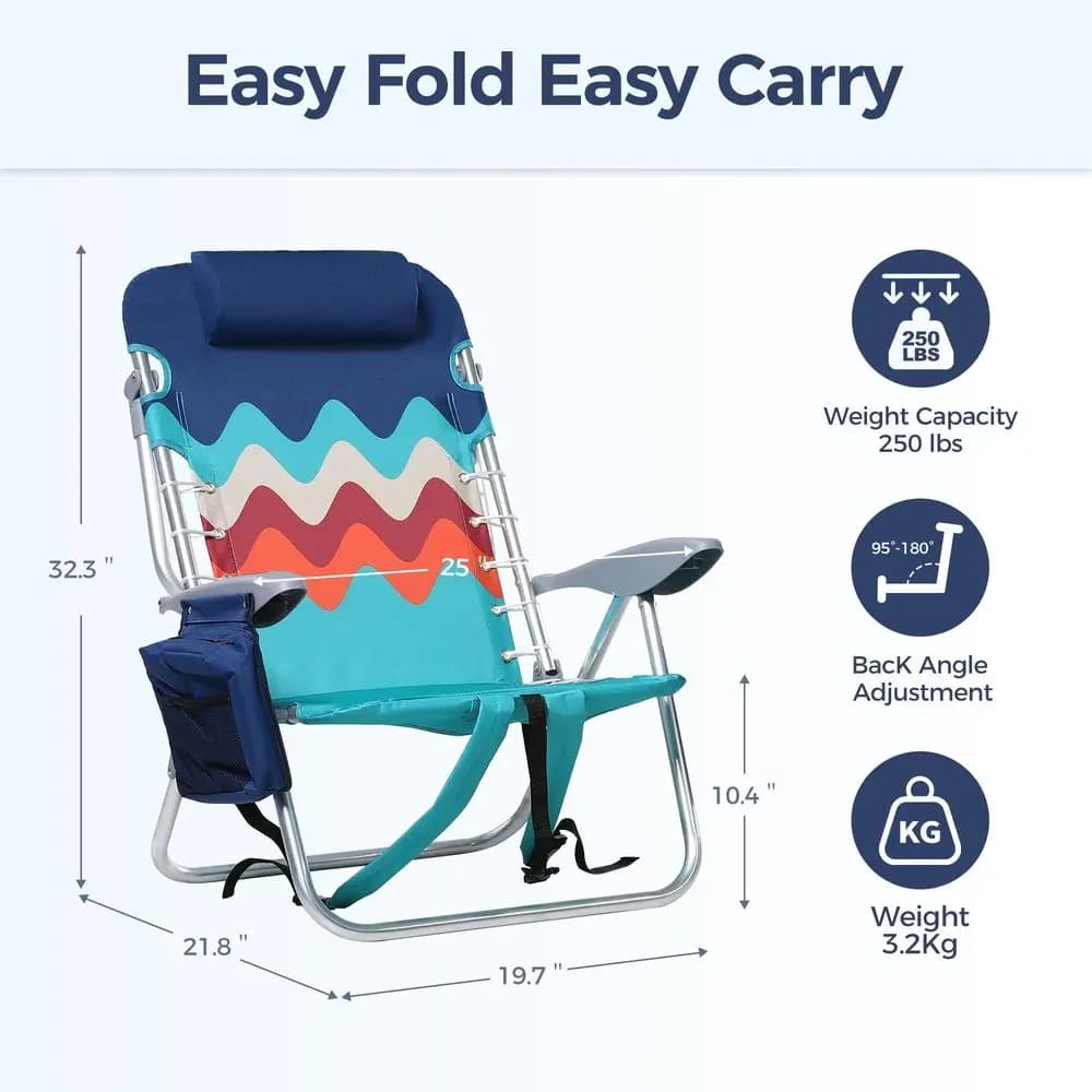 Set di 2 sedie da spiaggia CAMP Backpack, 4 posizioni classiche, schienale reclinabile, cuscino e spallacci imbottiti, tasca portaoggetti e portasciugamani.