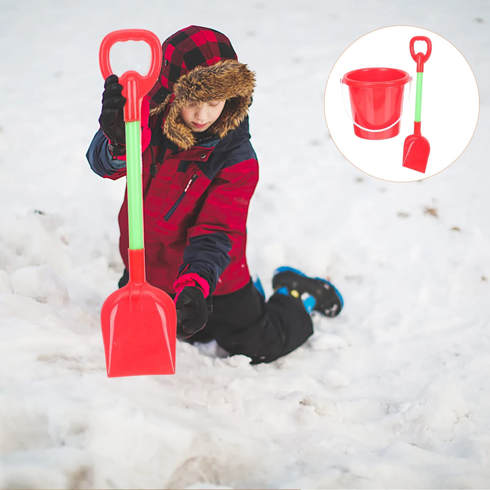Set di 1 paletta e secchio da neve per bambini, con manico lungo e design a cartone animato, sicuro e liscio, per scavare sabbia e neve all'aperto in inverno