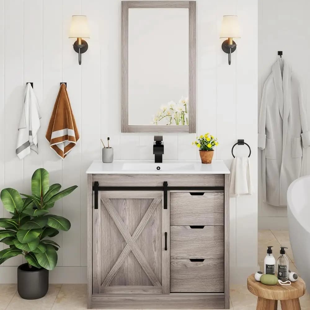 Mobile Bagno Grigio con Lavabo Singolo, Ante Scorrevoli Stile Barn Door e Specchio