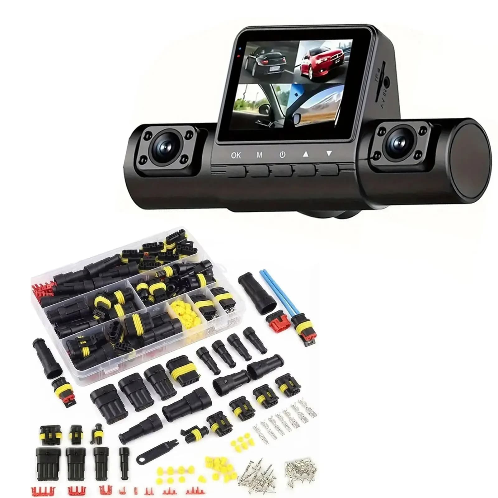 Dual-Purpose Car Kit: 4-Lens 1080P HD Dash Cam, IR Night Vision, 24/7 Parking Monitor & 352Pcs Waterproof HID Connector Kit, Stable Harness Plugs, Professional Electrical Maintenance & Safety Tool Combo for DIY, Maintenance & Road Security