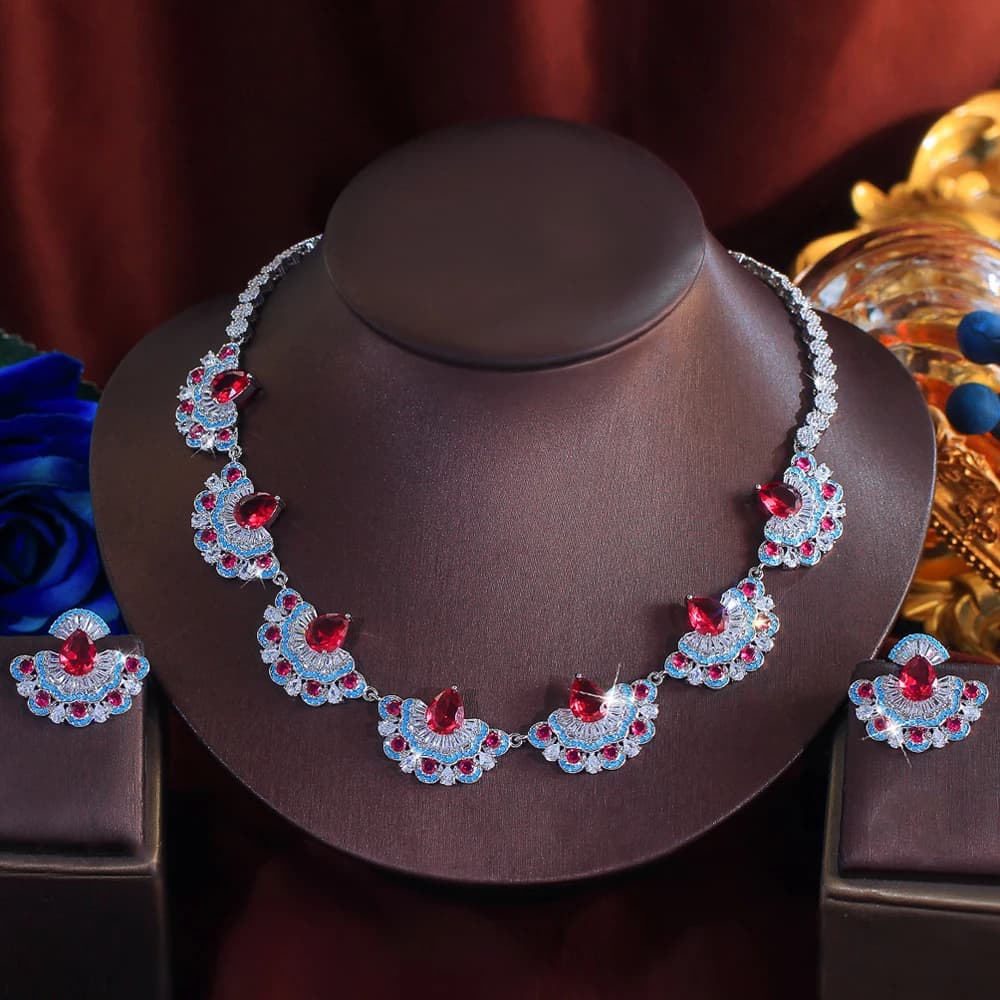 ThreeGraces Nuovo Set di Gioielli alla Moda con Collana e Orecchini a Goccia Rossa in Zirconia per Sposa e Festa Nuziale T1105