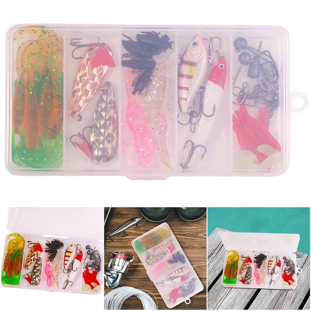 Set of 45 soft and hard fishing baits with hooks, lilies and toolbox for Bass, Luccio and Crankbait