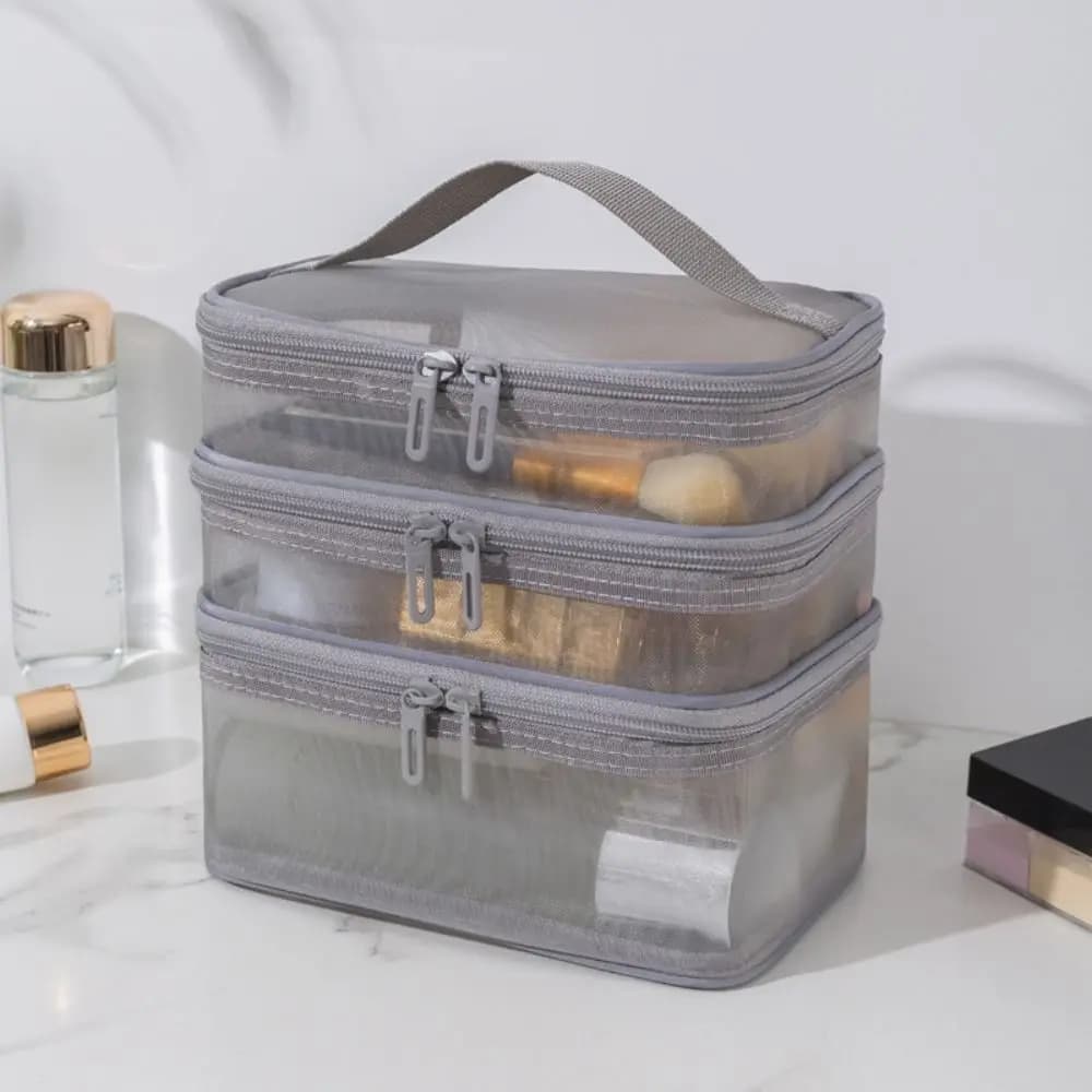 1/2/3 strati Borse per cosmetici in rete Custodia per il lavaggio con cerniera Borsa per trucco prospettiva con manico Custodia per cosmetici Borsa per articoli da toeletta