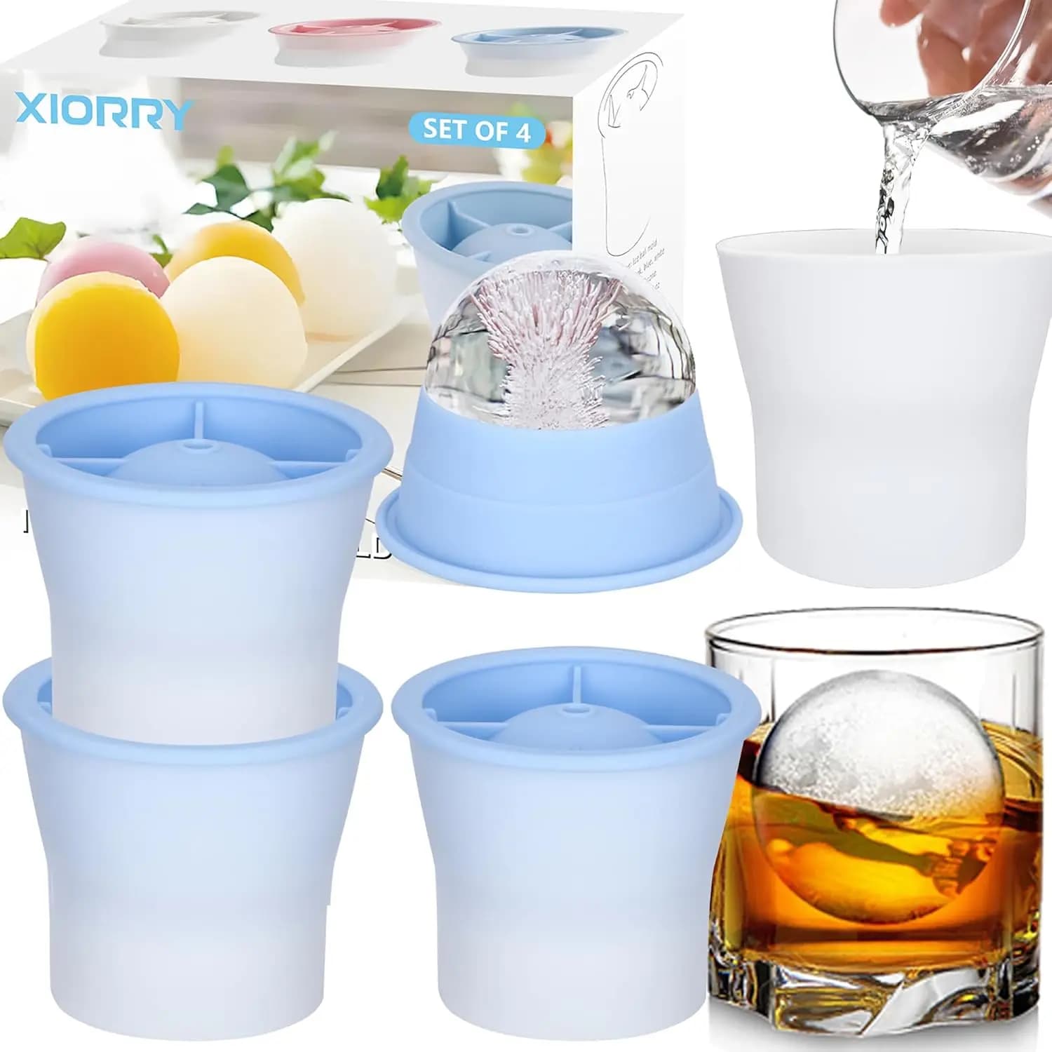 Stampi per ghiaccio a sfera in silicone, confezione da 4 impilabili con coperchi per whisky e cocktail - Facile da rilasciare e sciogliere lentamente
