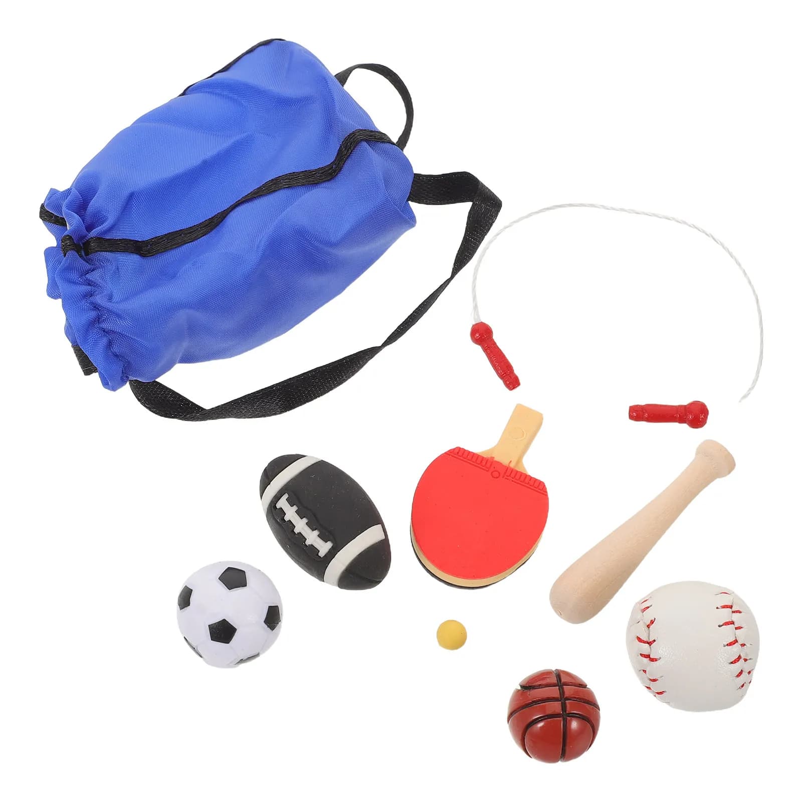 1 set of mini sports items for doll house in scale 1:12, mini basketball, football, jump rope, miniature accessories for doll house