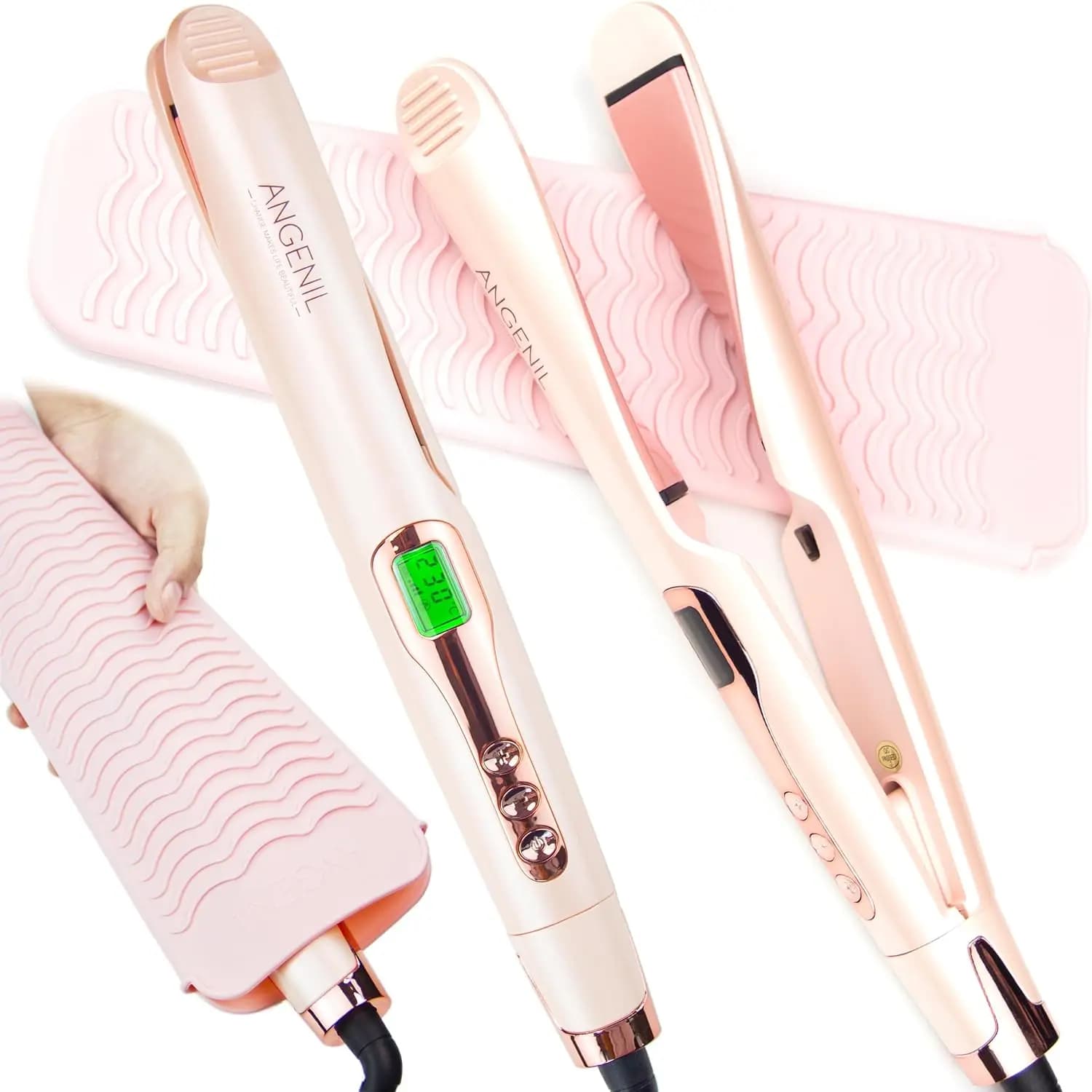 Piastra per Capelli 2-in-1 per Donne, Ferro Arricciacapelli e Lisciante a Doppio Voltaggio, Rosa con Tappetino Anti-Scottatura, 11 Impostazioni di Temperatura