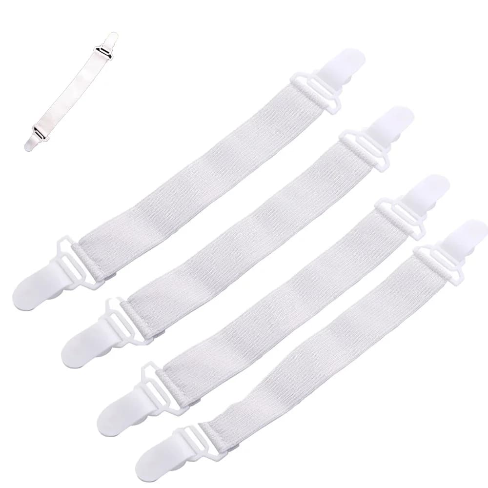 4 fermagli bianchi regolabili per lenzuola e copripiumini, organizer per lenzuola, clip per coprimaterasso, elastici per la casa
