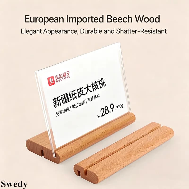 10 Pezzi 90x55mm Porta Menu in Legno a T/L, Espositore da Tavolo in Acrilico, Mini Porta Prezzi