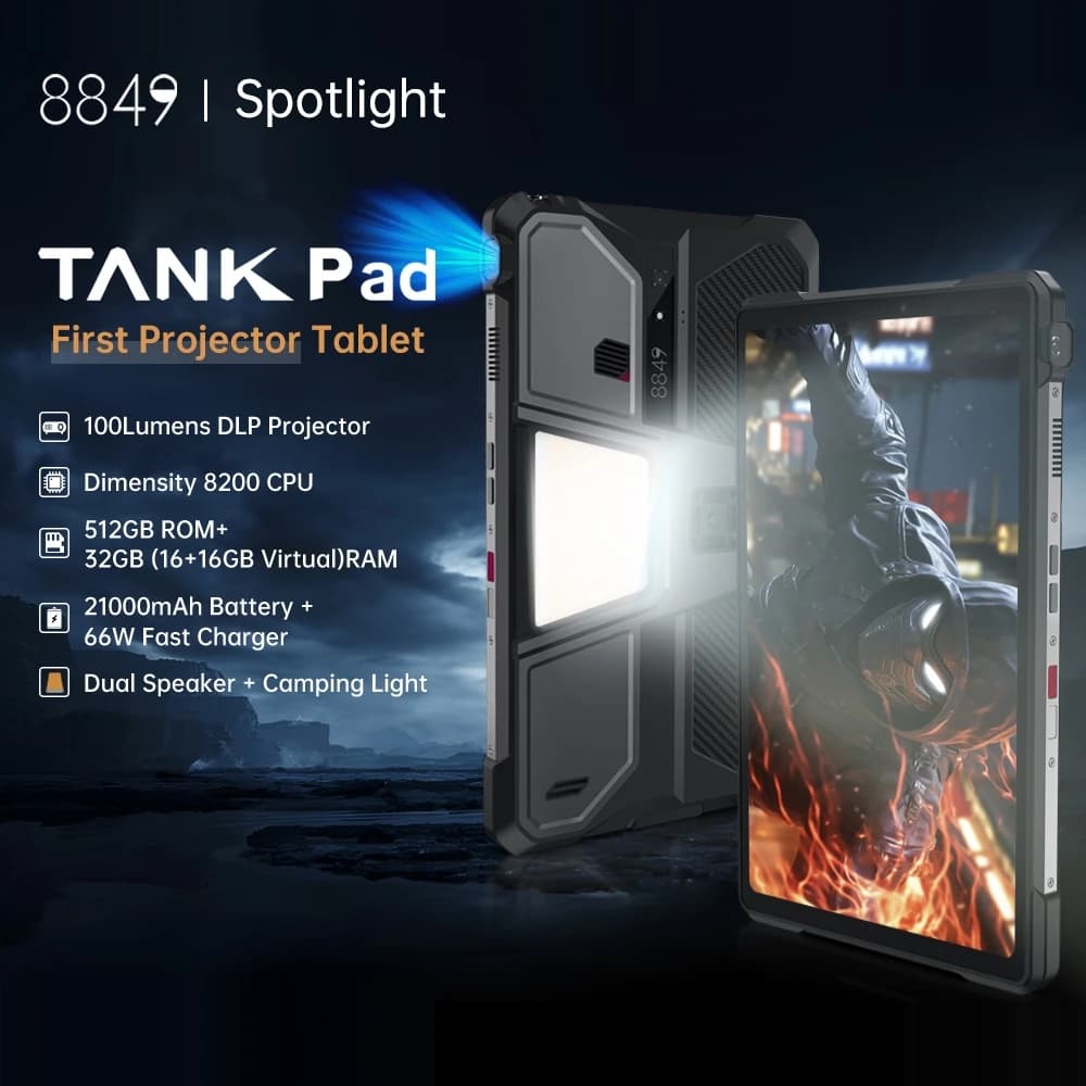 Unihertz 8849 Tank Pad Rugged Tablet PC Proiettore Tablet 10.95 pollici 120Hz 16GB 512GB 21000mAh Batteria 66W 32MP + 50MP Fotocamera