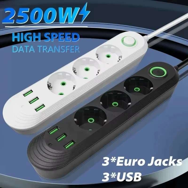 Multipresa con Filtro di Rete e Porte USB, 2500W, Spina EU, Cavo di Prolunga, 1 Pezzo