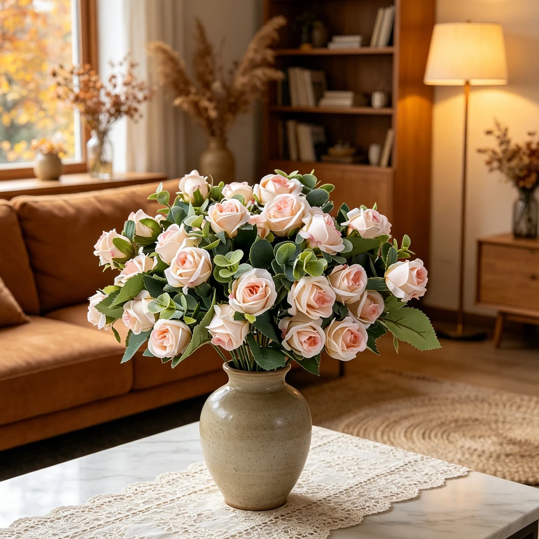 11 Heads Artificial Silk Roses Flowers Bouquets Home Autumn Halloween Decor Outdoor Garden Eucalyptus Leaves Faux Plants Wedding