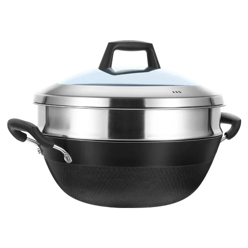 Padella a fondo piatto Wok in acciaio inox con coperchio in vetro Manico in bachelite Vaporiera Padella antiaderente non rivestita