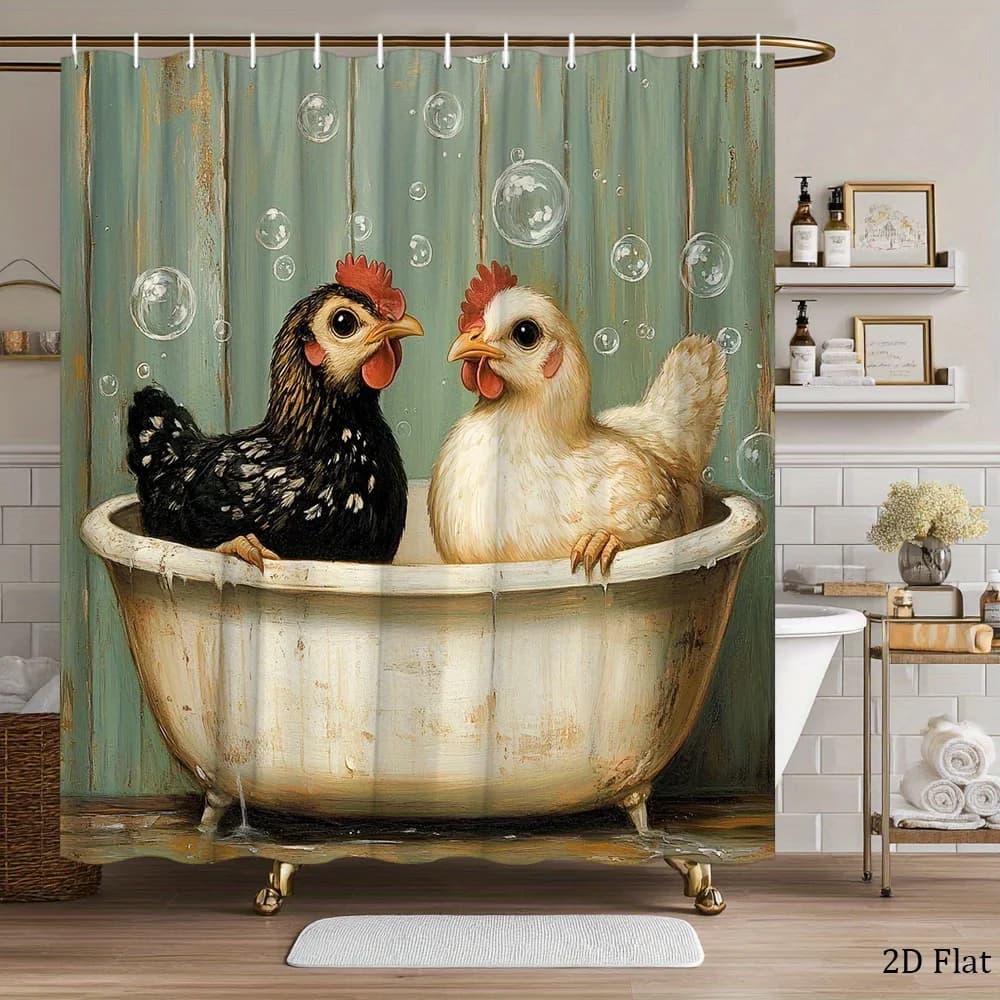 Whimsical Farmhouse Chicken Shower Curtain with 12 Hooks - Black & White Rooster Design, Vintage Clawfoot Tub & Bubbles Pattern,