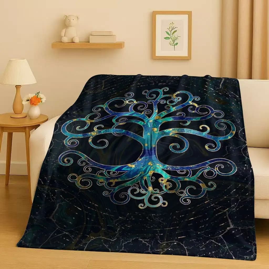 HD Retro Colorful Tree of Life Yggdrasil Celtic Rune Flannel Blanket,Ultra Soft Plush Throw for Home Bedroom Bed Sofa Cover Kids