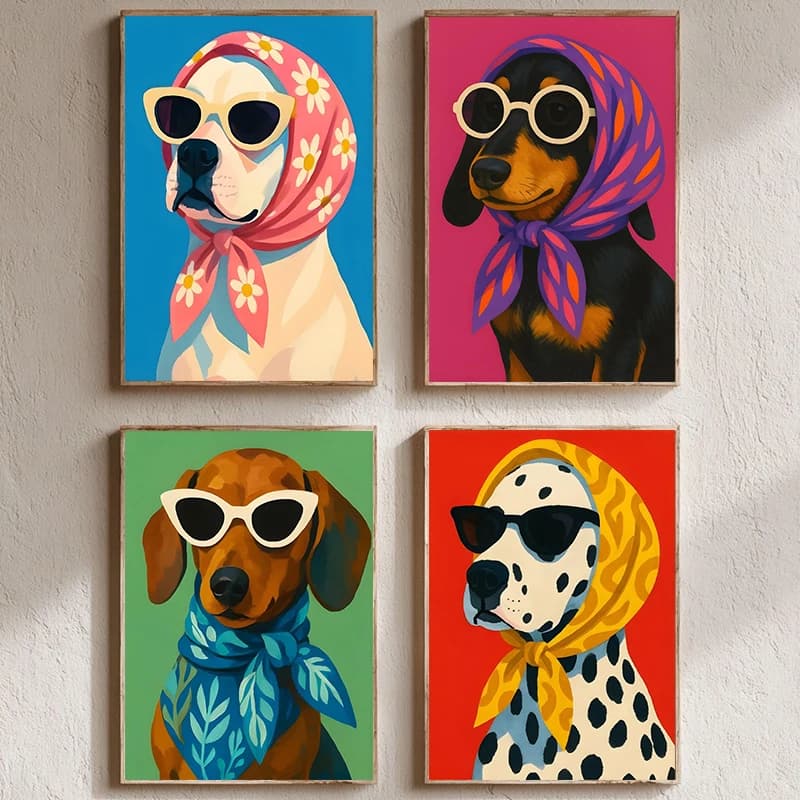 Poster Divertente di Cane che Porta un Fazzoletto Quadrato, Dipinto su Tela di Animali con Occhiali da Sole, Quadri da Parete per Decorazione Camera da Letto e Bar