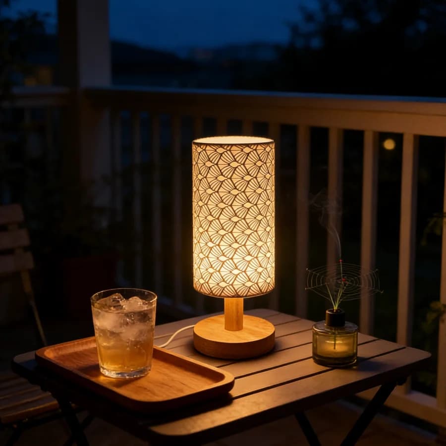 Lampada da Tavolo Minimalista con Motivo Geometrico, Base in Legno, Luce Calda per Camera da Letto