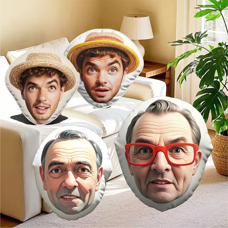 Cuscino personalizzato con foto del viso e immagini del prodotto, realizzato in morbido e elastico peluche corto, adatto per il sonno.