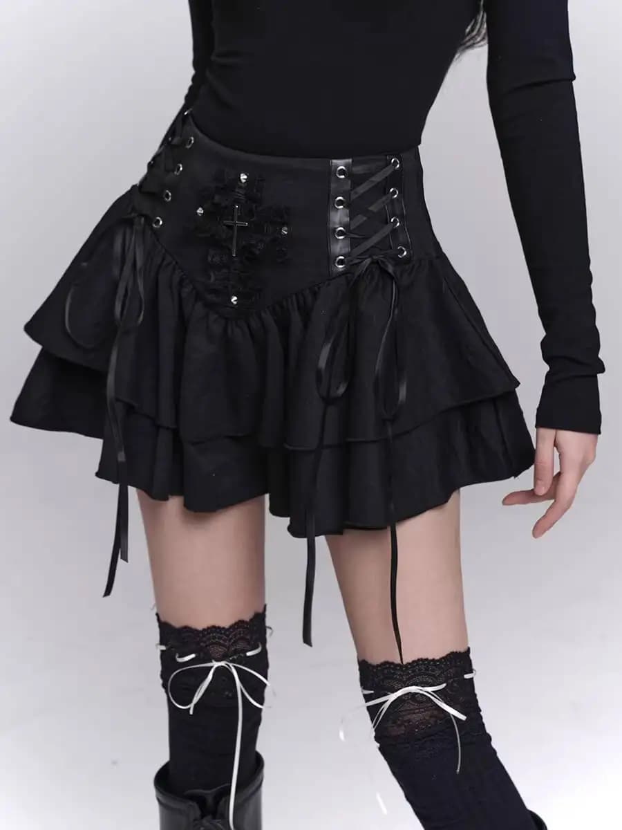 Gothic Punk Skirts Women's Black Mini Skirt Ghost Girl Cross Print Punk Subculture Gothic Y2K Sexy Style Skirt