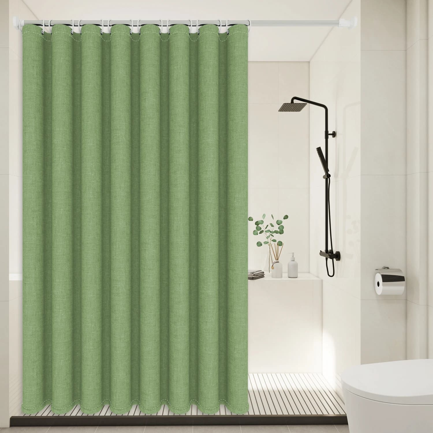 Tenda da doccia in salvia con struttura in lino in stile minimalista: tessuto in poliestere spesso e sostanziale,