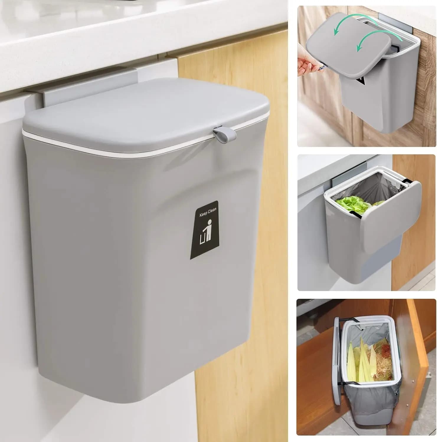 Contenitore per Compost da Cucina da 2,4 Galloni con Coperchio, Cestino Appendibile per Piano di Lavoro o Sotto il Lavello, Grigio