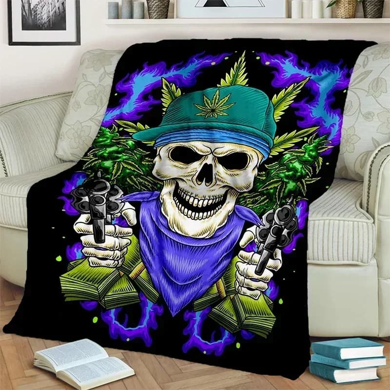 Coperta 3D con motivo Smoke Maple Weed Plants Green Death Skull, morbida coperta per casa, camera da letto, letto, divano, picnic, viaggio, ufficio, coperta per bambini