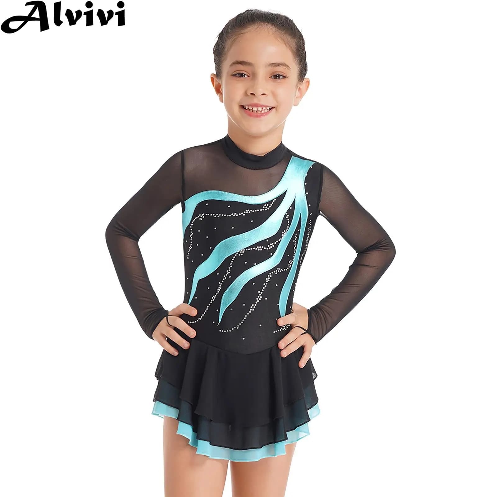 Vestiti di pattinaggio su ghiaccio per ragazze Tutu di balletto Danza Ginnastica Body Abito a maniche lunghe con strass lucidi Maglia trasparente Dancewear