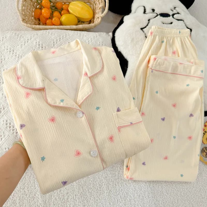 Set di abbigliamento da casa per indumenti da notte casual per studenti con stampa a cuore leggero a maniche lunghe di nuovo arrivo primavera/autunno da donna