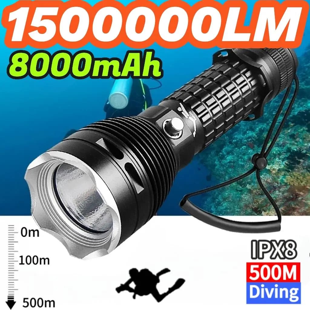 IP68 High Power Diving Flashlight Higher Waterproofing Grade Professional Underwater Flashlight Powered by 18650 Battery with Hand Rope