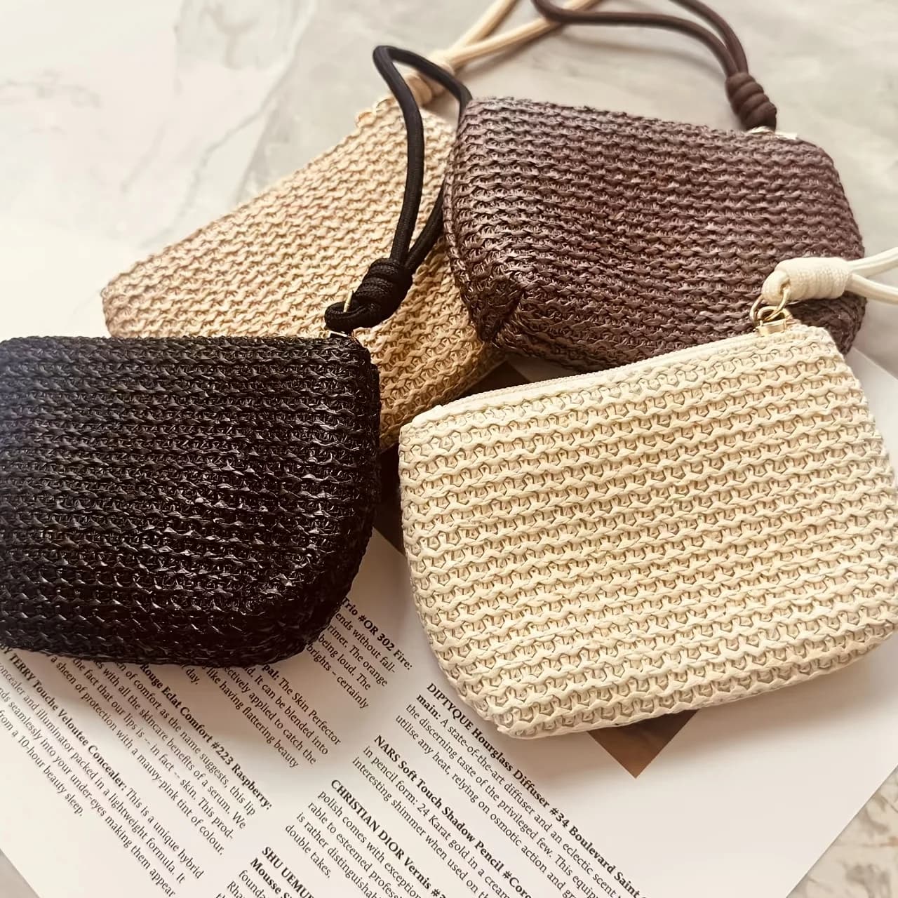 Borsa Estiva in Paglia per Chiavi e Monete, Mini Portacarte con Cerniera, Pochette Portatile da Polso, Borsa in Paglia per Vacanze al Mare