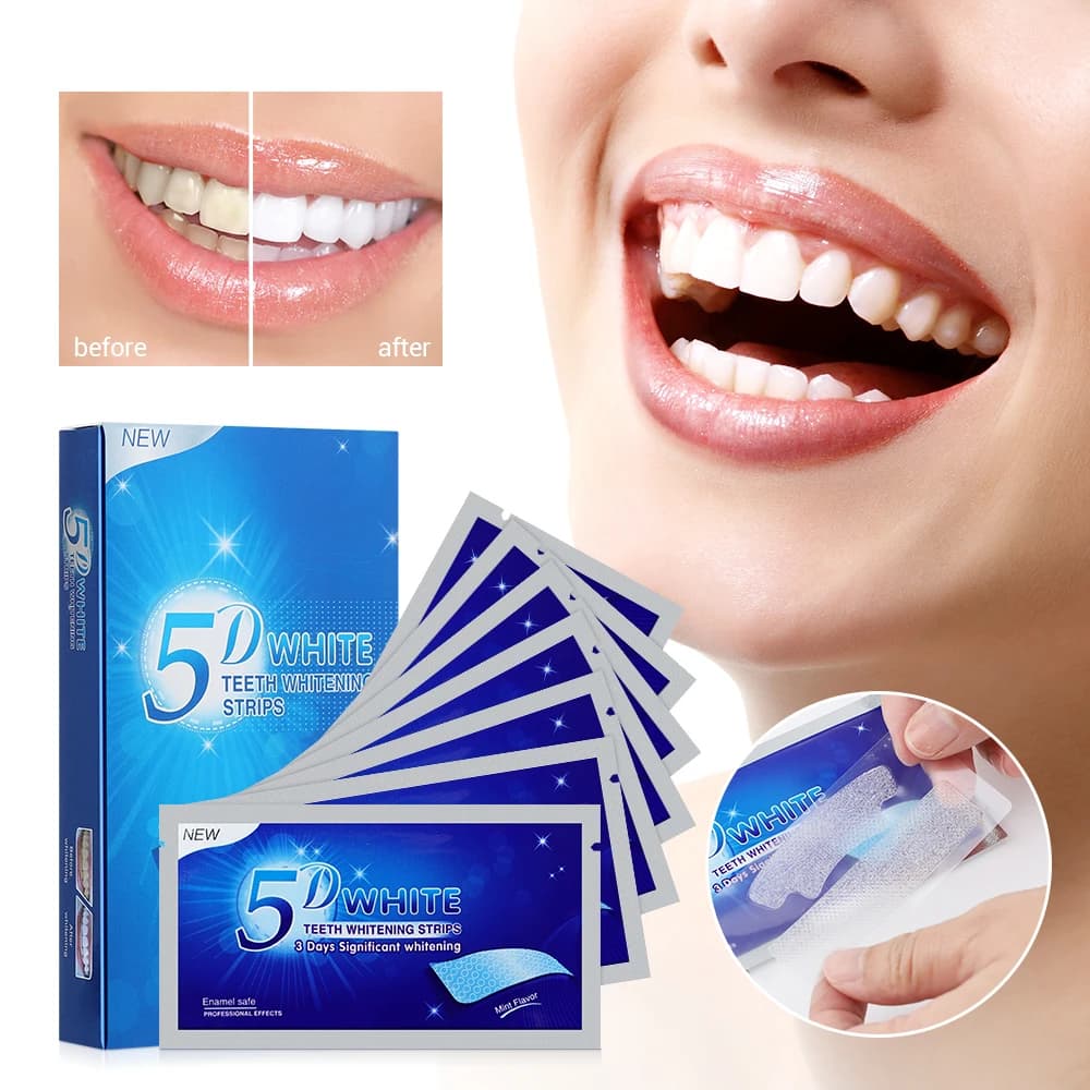 Strisce sbiancanti per denti 5D Rimuovi macchie di fumo gialle Strumento per sbiancamento dello sporco dei denti Pulito Sbiancante per denti Kit dentale Cura dell'igiene orale