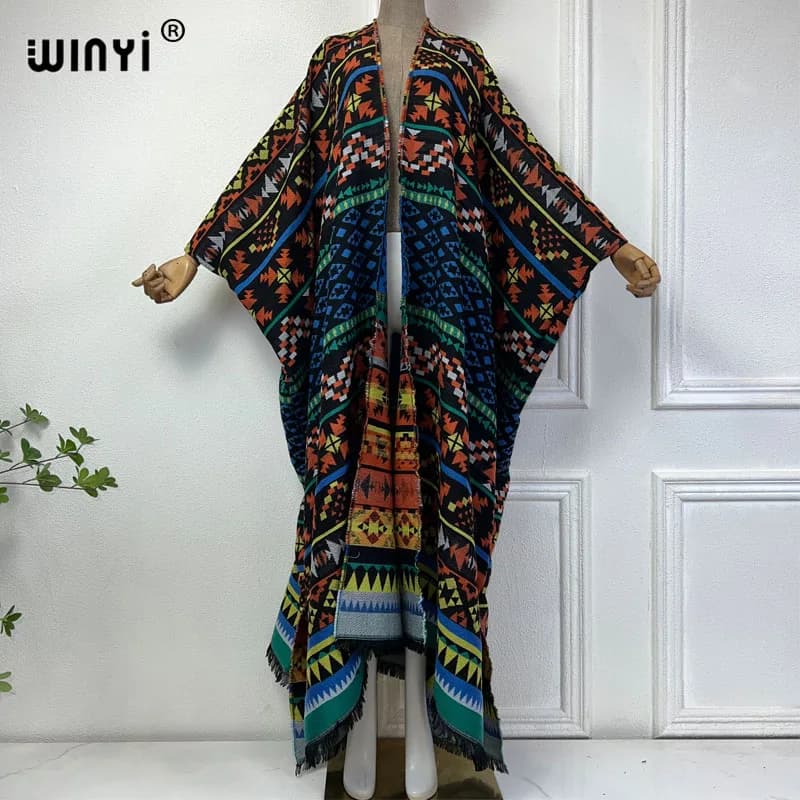 WINYI 2024 winter cardigan Africa print women loose jacket Warm kimono long down coat Middle East fashion abaya holiday dress