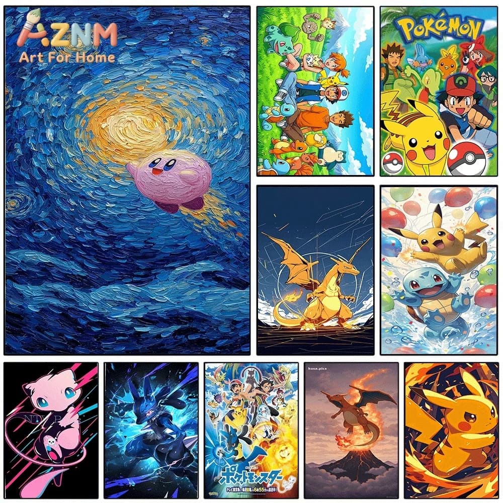AZNM Kirby Pink Cartoon Character Starry Night Van Gogh Style Canvas Wall Print, Game Anime Art Poster, Unframed Canvas Painti