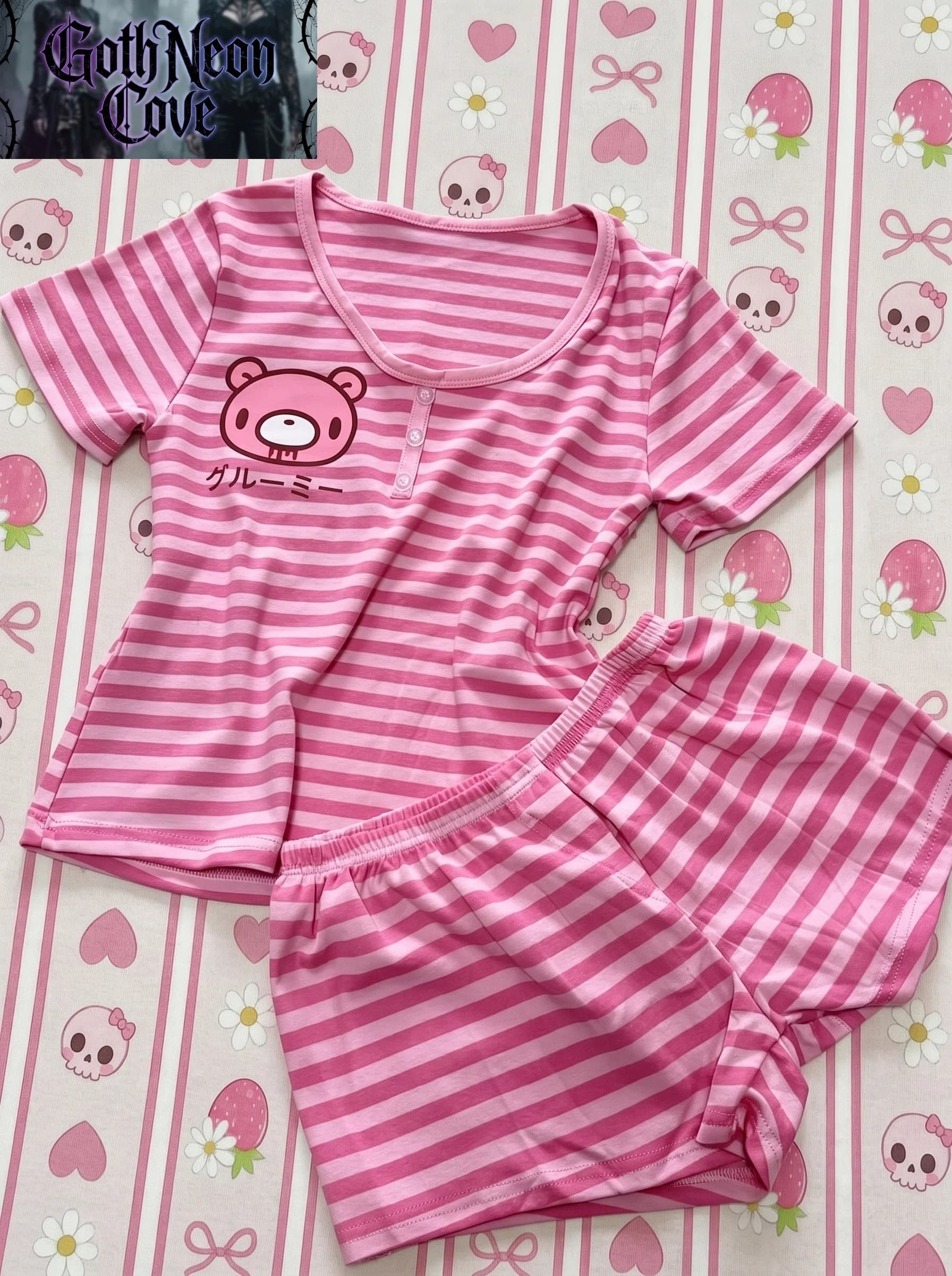 Japanese Sweet Shorts 2 Piece Set Women's Short Sleeve Cartoon Bear Shirt + Elastic Waist Fitted Shorts Y2K Lounge Striped Set