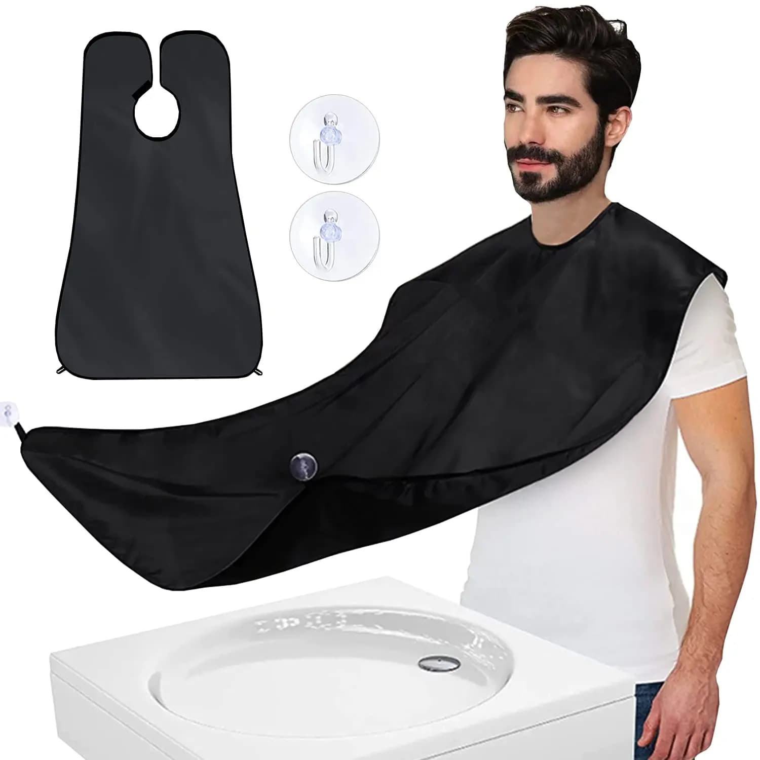 Men Beard Shaving Bib Apron, Waterproof Non-Stick Hair Beard Catcher Cloth with 2 Suction Cup Hooks, Adjustable Velcro Neck Strap Reusable Hair Collector for Shave Haircut