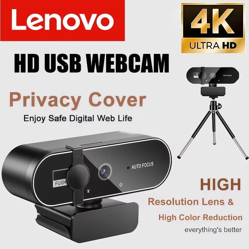 Lenovo 4K HD Mini Webcam with Microphone 2K Full HD Webcam Autofocus USB Web Cam for Auto Focus PC Portable Camera Shooting