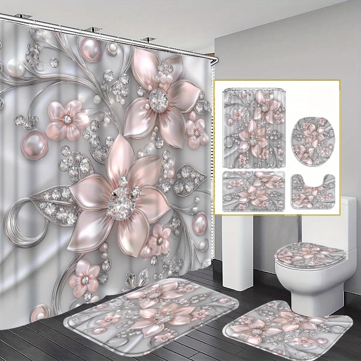 Set di tende da doccia da 1/4" eleganti floreali rosa e argento, accessori da bagno inclusi tappetino da bagno, tappetino a forma di U, coprisedile per WC