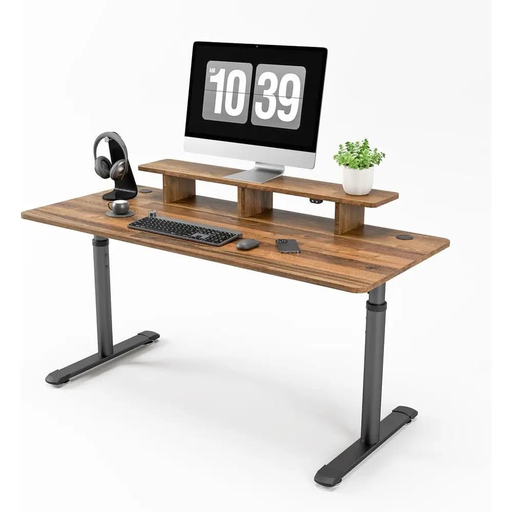 Adjustable Desk in Height 60 with Monitor Support, LED Lights, Double Mouse Mat, Brown Desk for Home Office