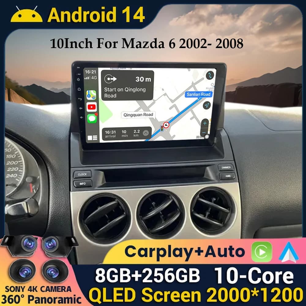 Android 14 Auto Per Mazda 6 2002- 2008 Autoradio Stereo Multimediale GPS Video Navigazione Carplay Bluetooth Specchio Liink fotocamera