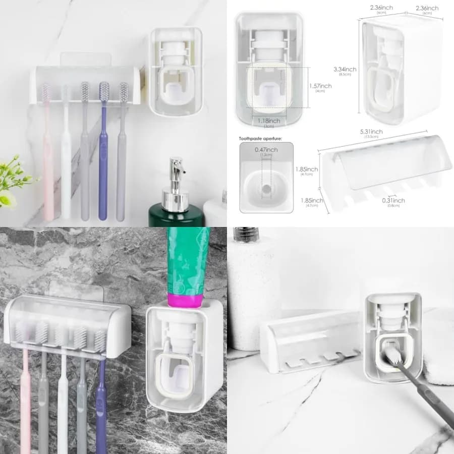 Portaspazzolini da parete a 5 scomparti con coperchio, organizer autoadesivo per spazzolini da bagno, appendispazzolini con dispenser automatico per dentifricio