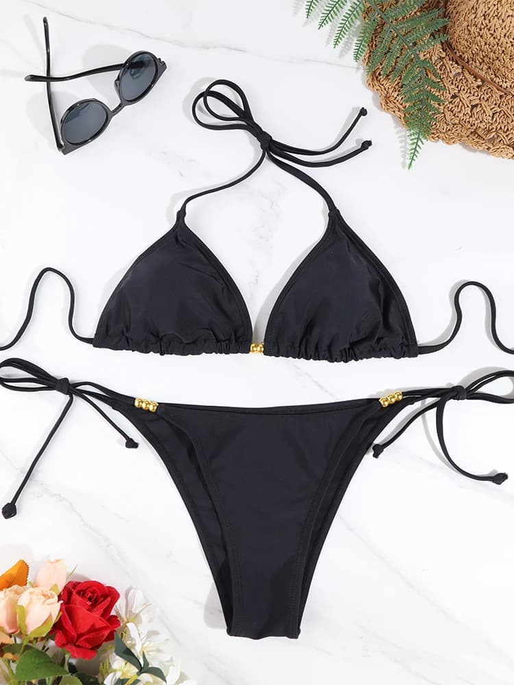 Set Bikini Triangolo Sexy con Micro Perizoma, Costume da Bagno Donna, Abbigliamento da Spiaggia, Tinta Unita