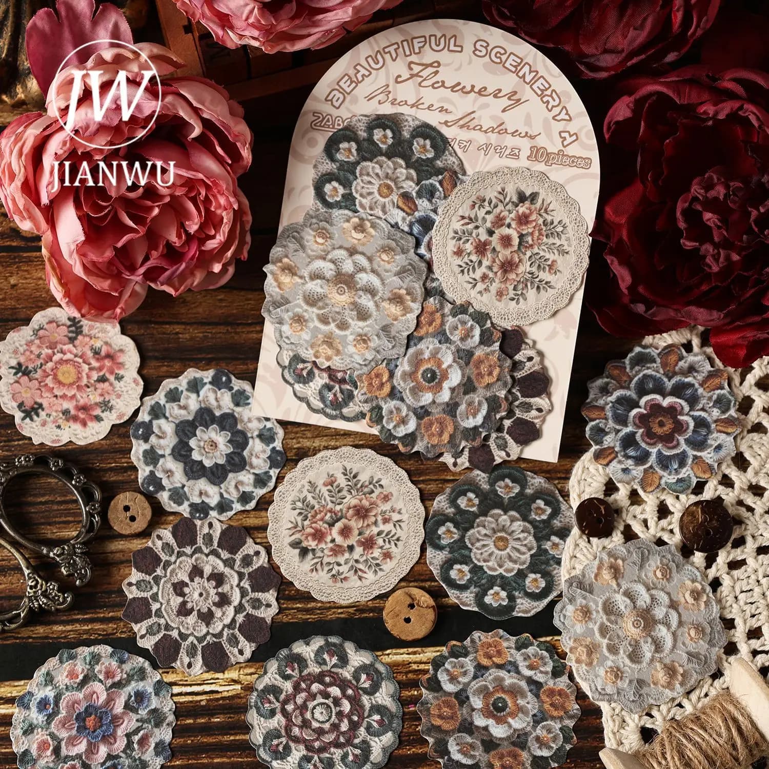 JIANWU Serie luminosa e pittoresque Fiore vintage Farfalla Fiocco Paesaggio Materiale Collage Adesivo Cancelleria per diario creativo